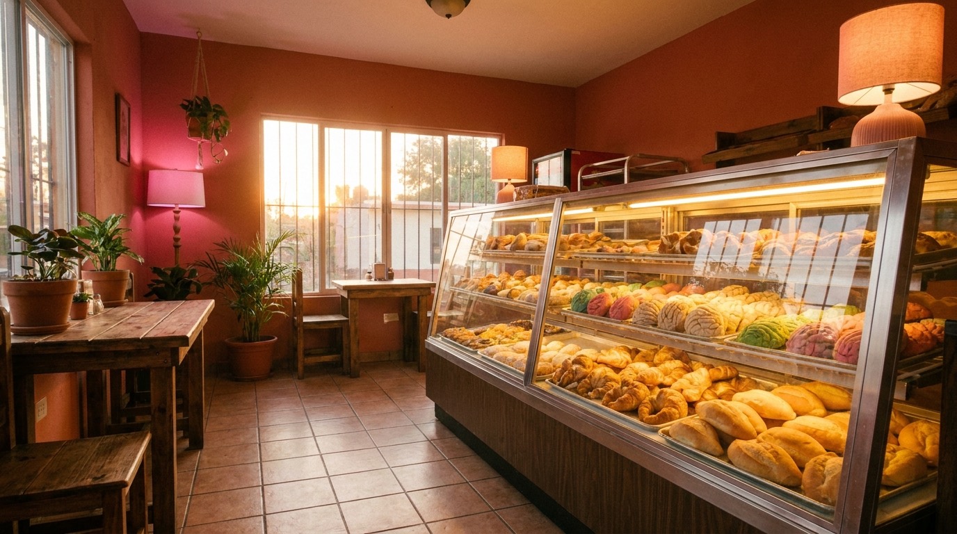 Vitrina de panadería iluminada con pan dulce y bolillos